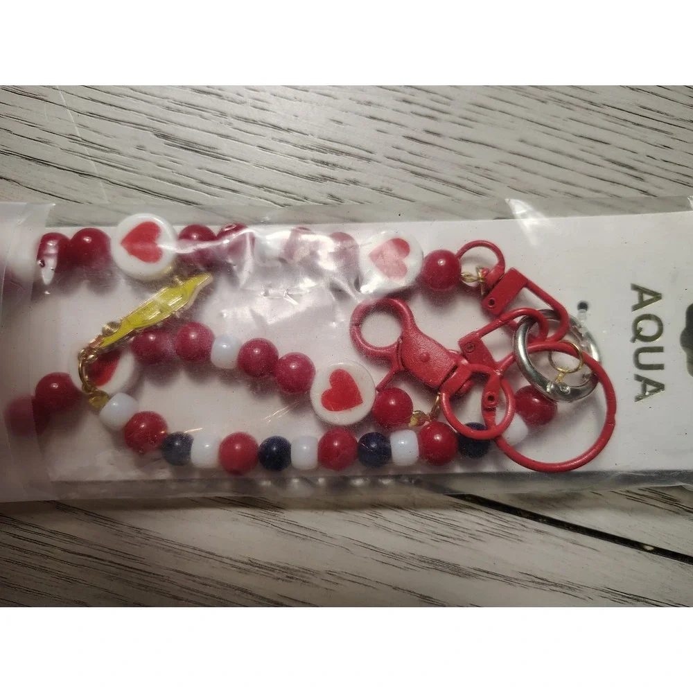 AQUA Beaded‎ Heart Keychain Lanyard Red White Blue Lobster Clasp Bag Charm NIP